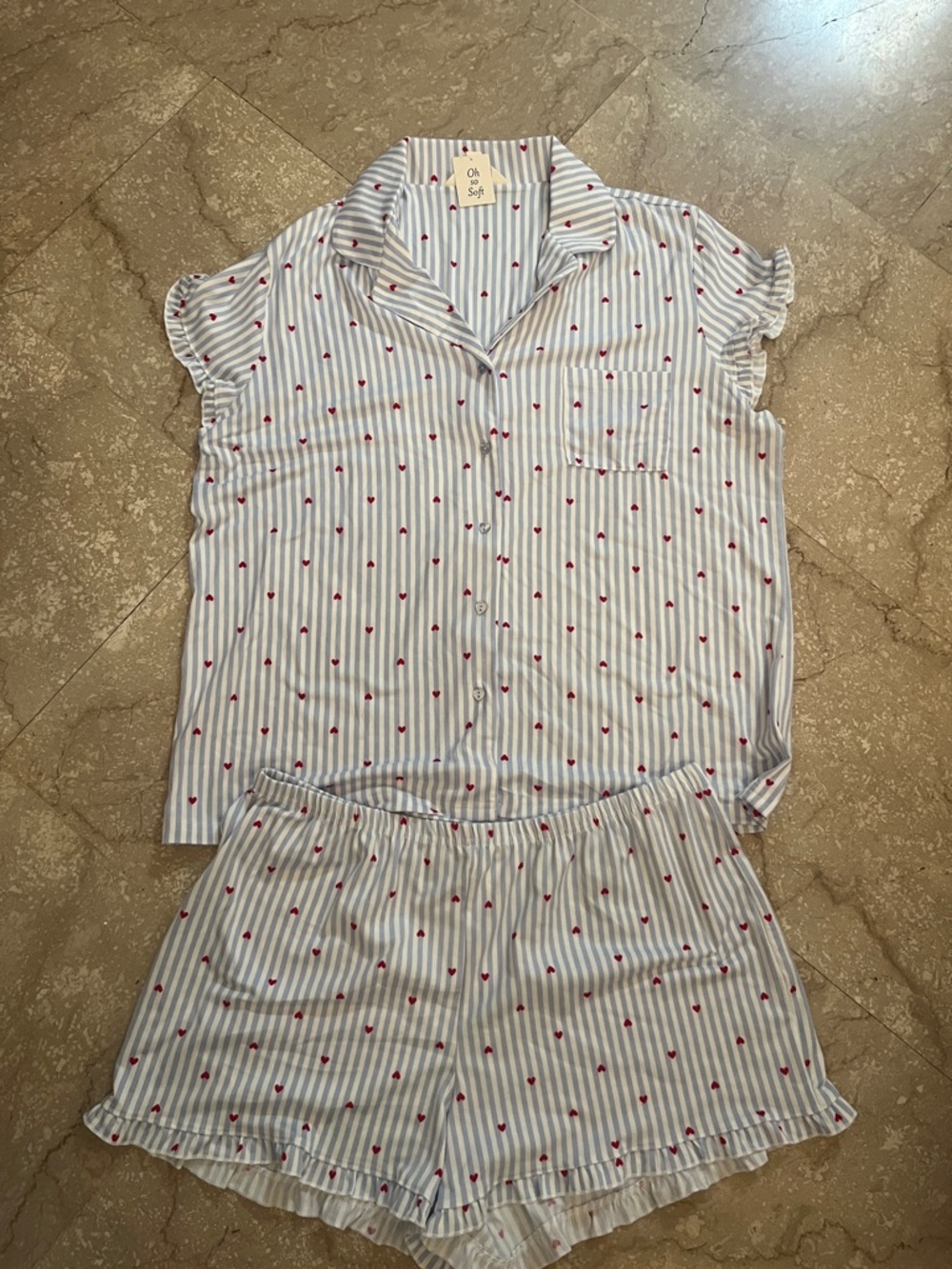 Laura Ashley Blue & White Stripe Short Sleeve Pajama Set with Red Hearts